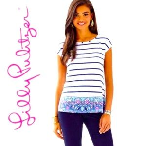 Lilly Pulitzer Aimee Easy Fit Tee 100% Linen Boatneck Hem Vents Stripe Sz XS